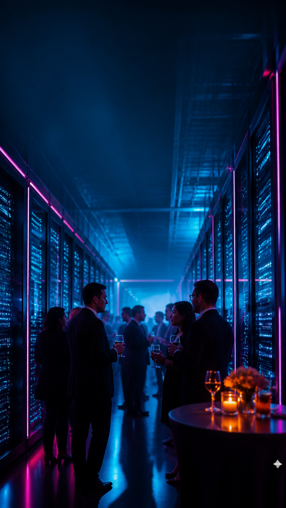 Guests networking inside the Open AI Factory in downtown San Jose at night
