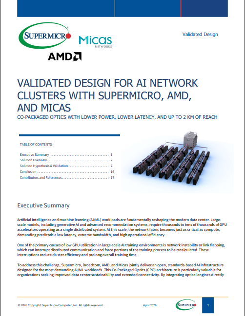Cover of the Validated Design whitepaper — AI network clusters with Supermicro, AMD and Micas